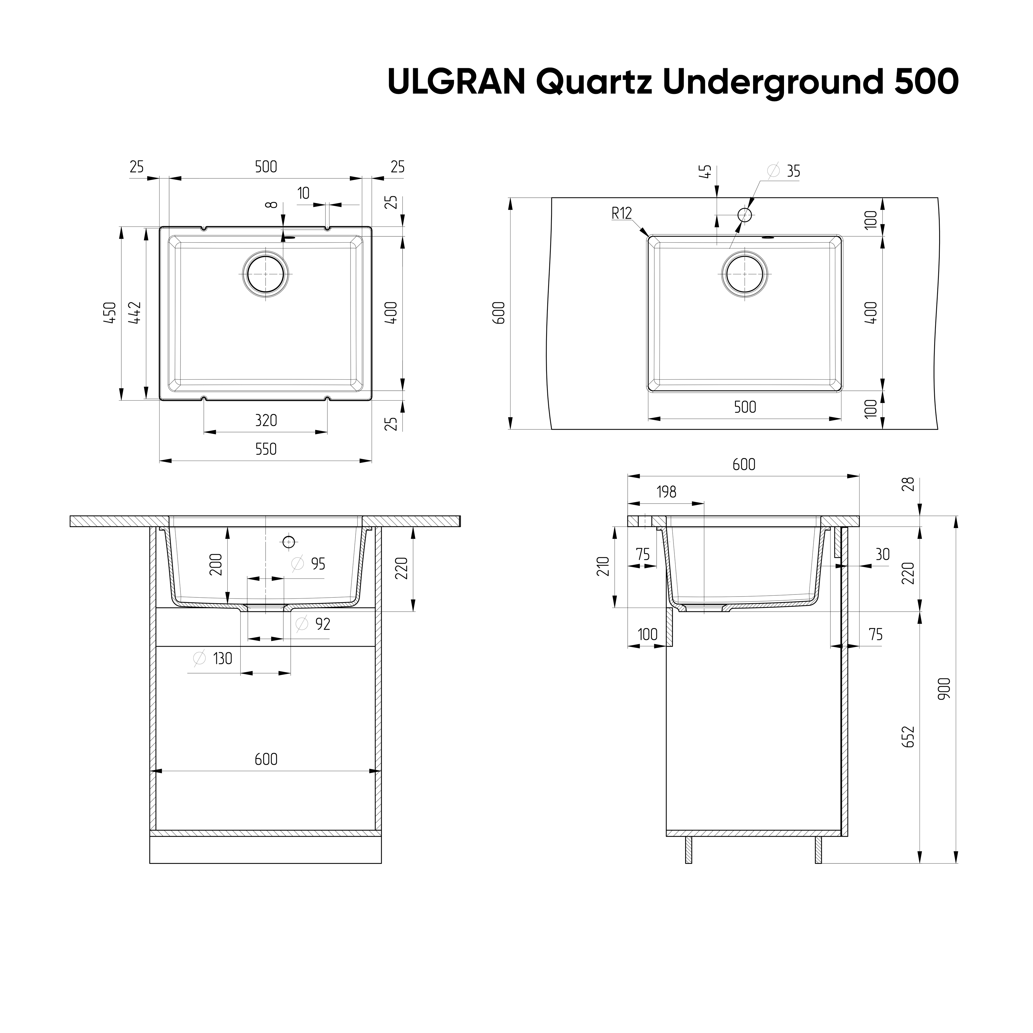 Кухонная мойка ULGRAN Quartz Underground 500 односекционная