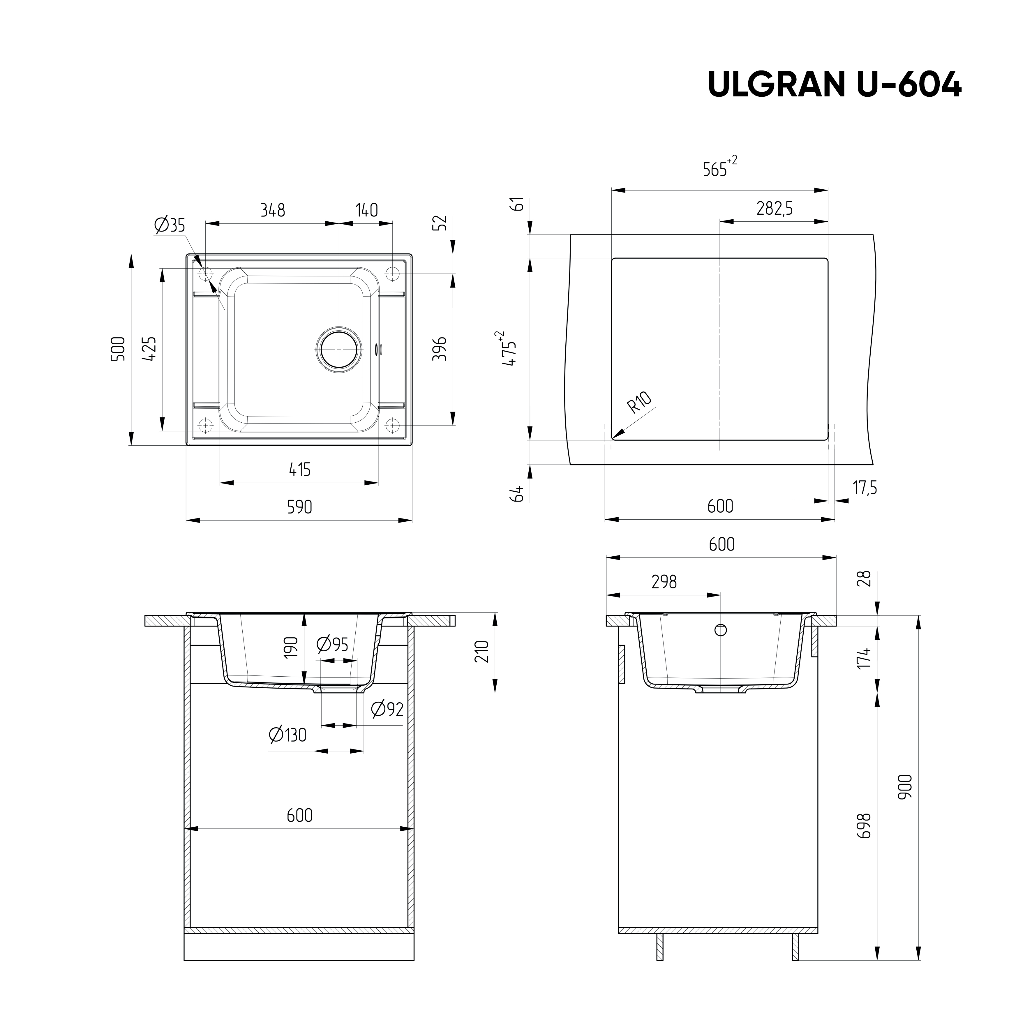Кухонная мойка ULGRAN U-604 односекционная реверсивная