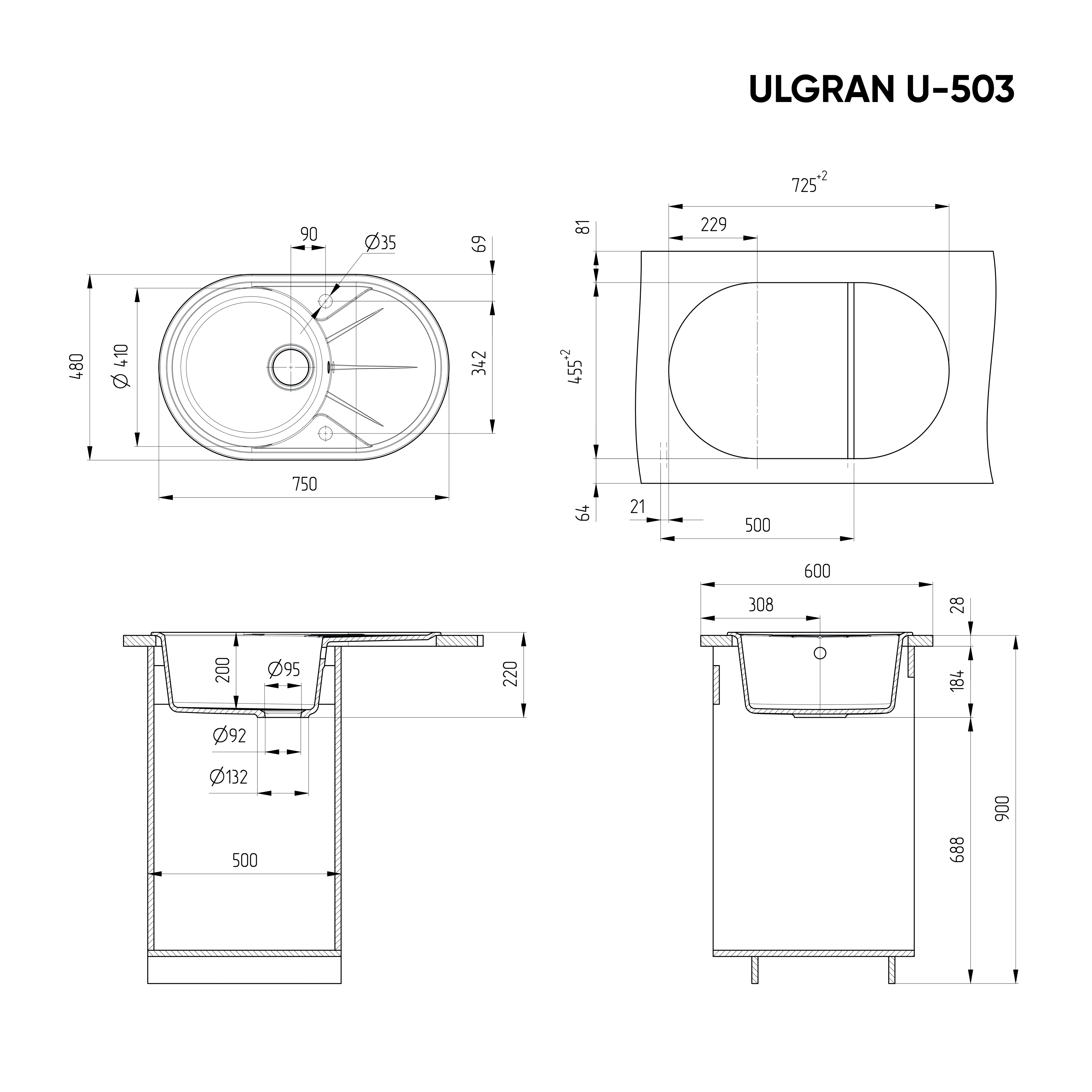 Кухонная мойка ULGRAN U-503 односекционная реверсивная