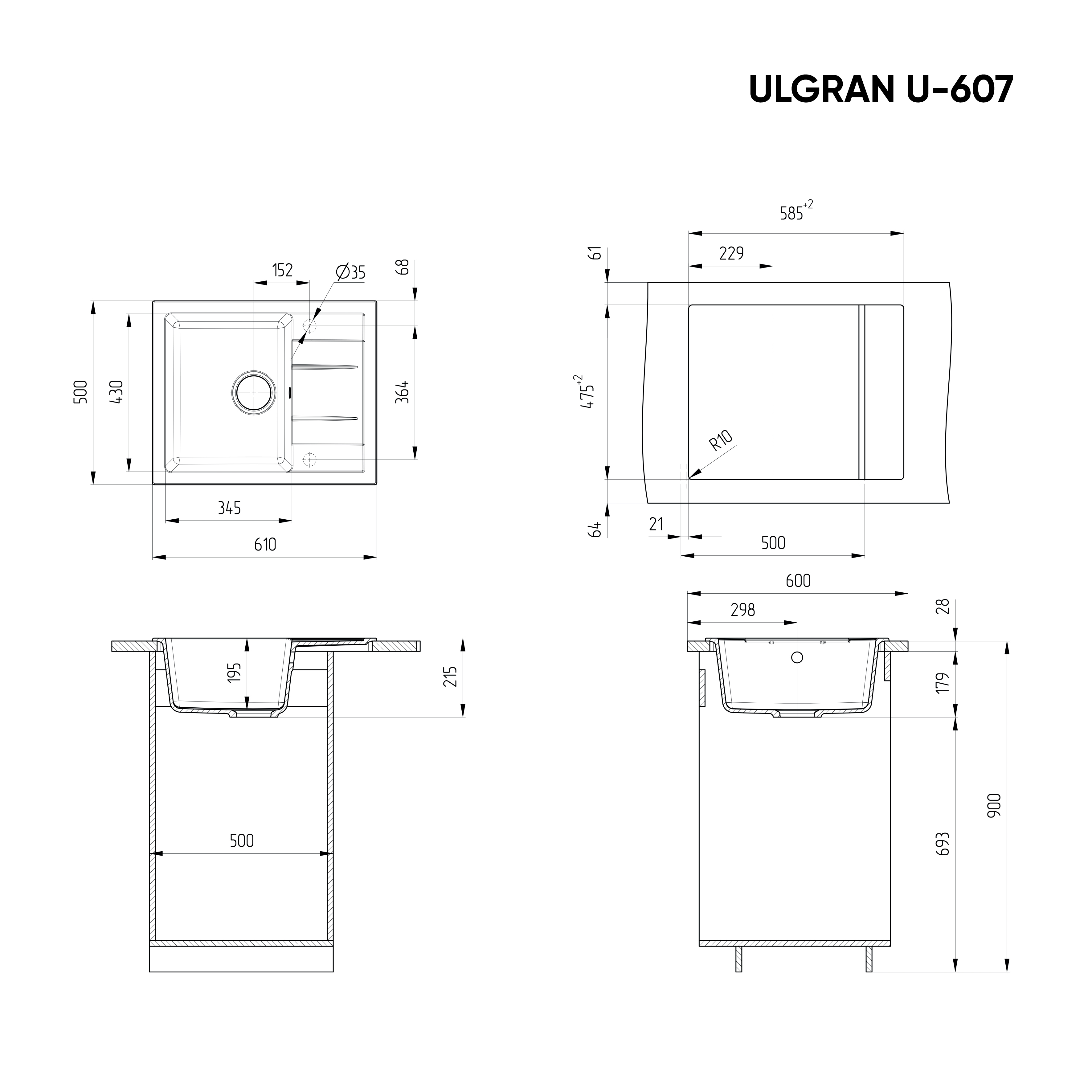 Кухонная мойка ULGRAN U-607 односекционная реверсивная