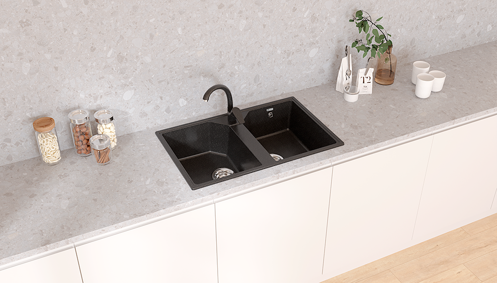 Кухонная мойка PR-М 770 двухсекционная с отверстием под смеситель-004 Черный оникс