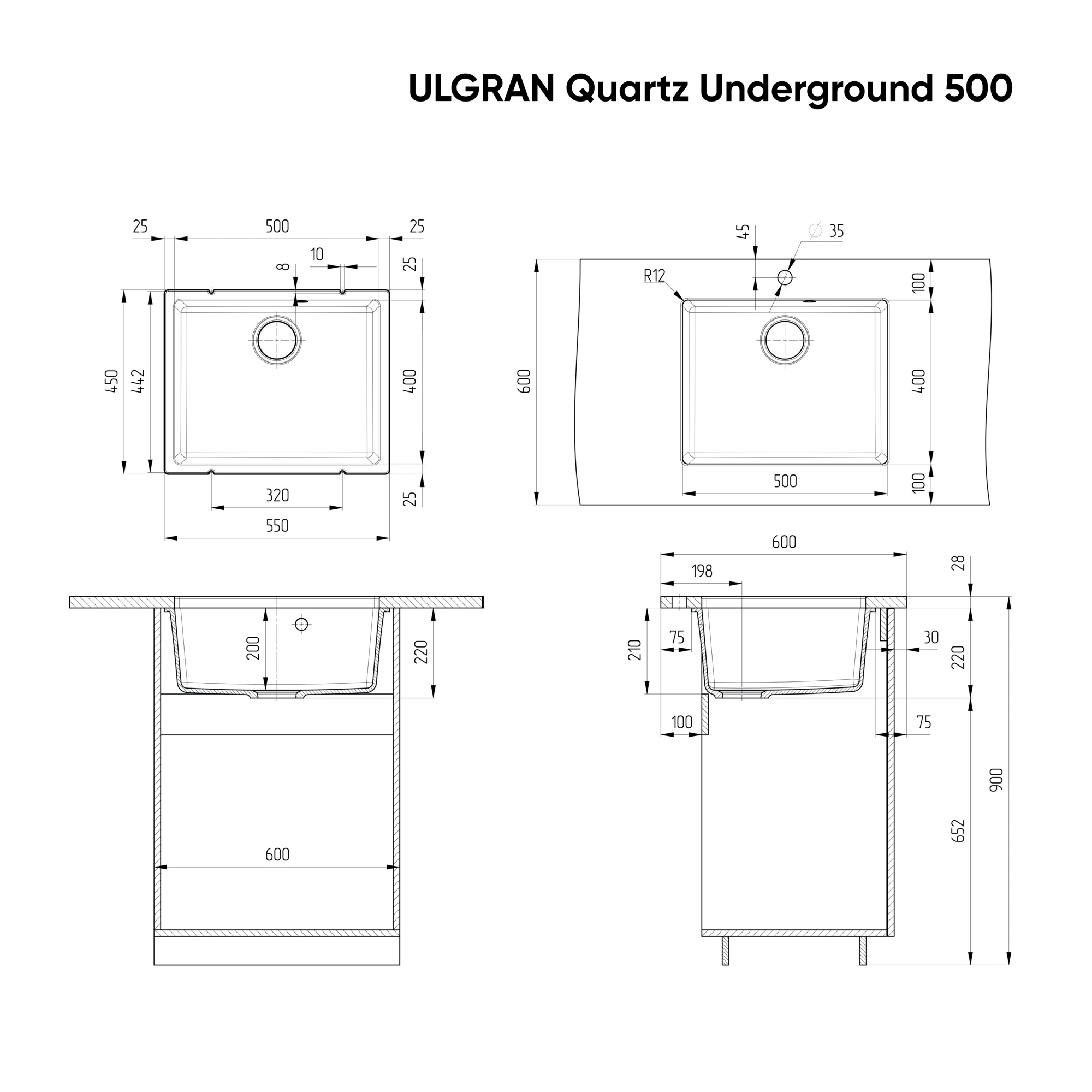 Кухонная мойка ULGRAN Quartz Underground 500 односекционная