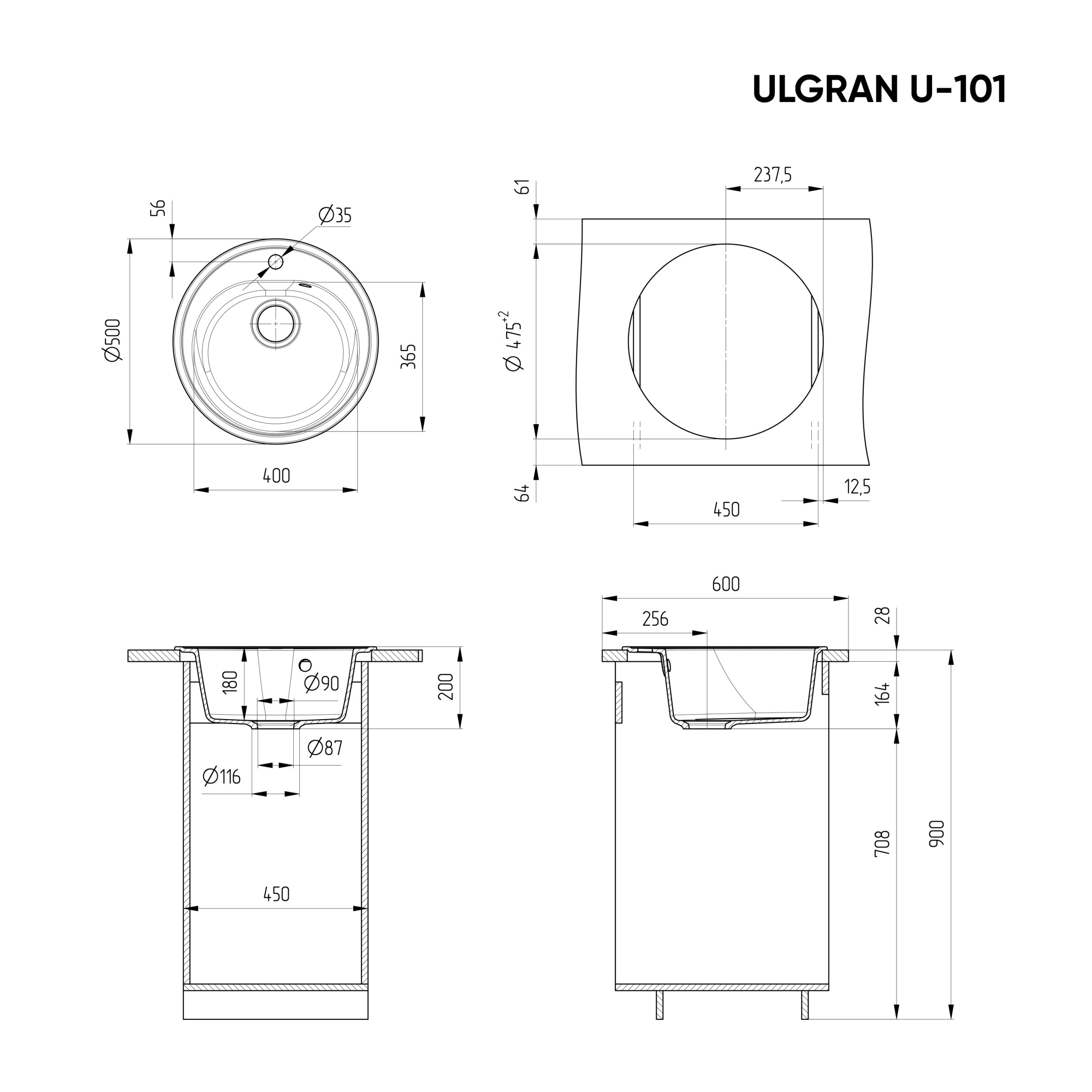 Кухонная мойка ULGRAN U-101 круглая с отверстием под смеситель