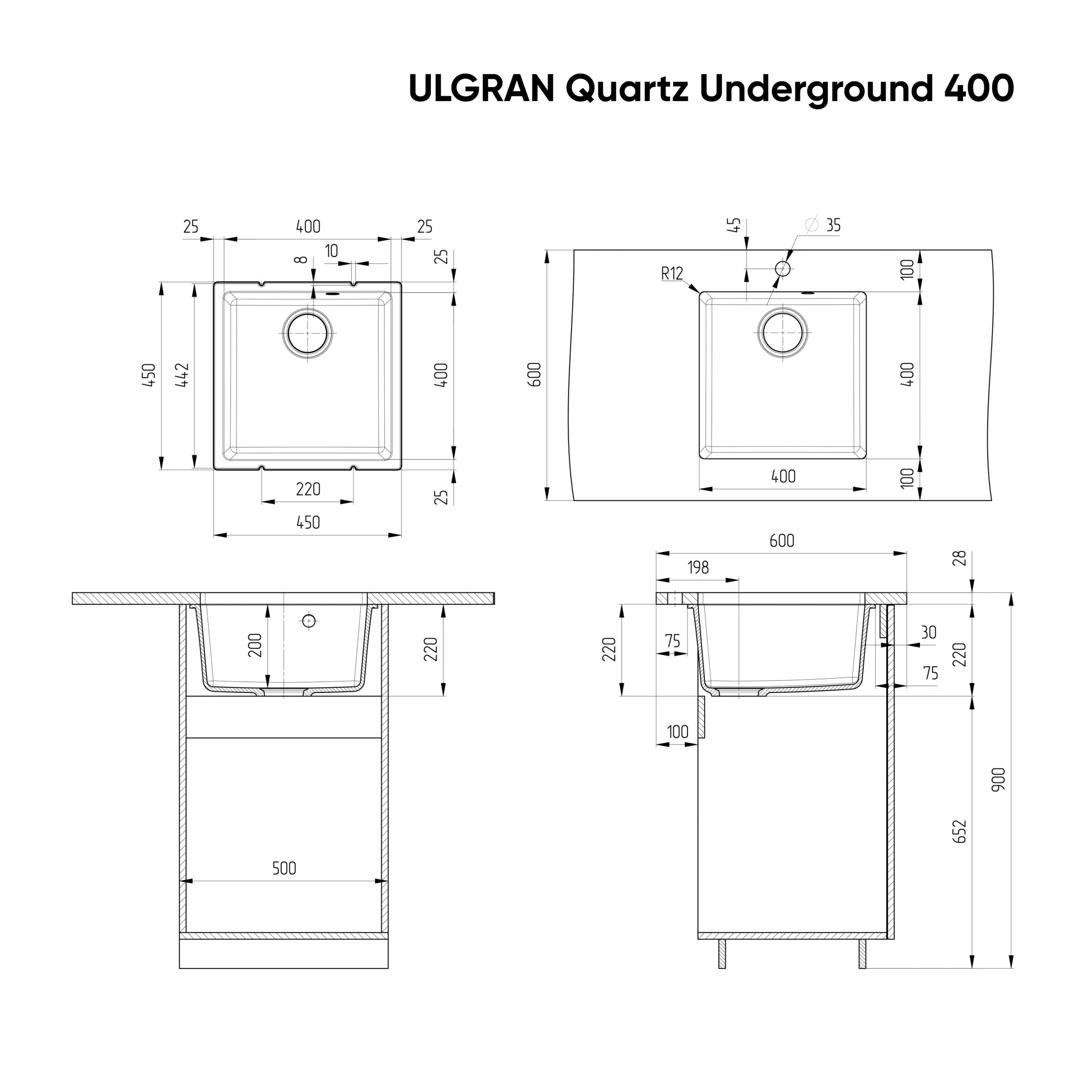 Кухонная мойка ULGRAN Quartz Underground 400 односекционная