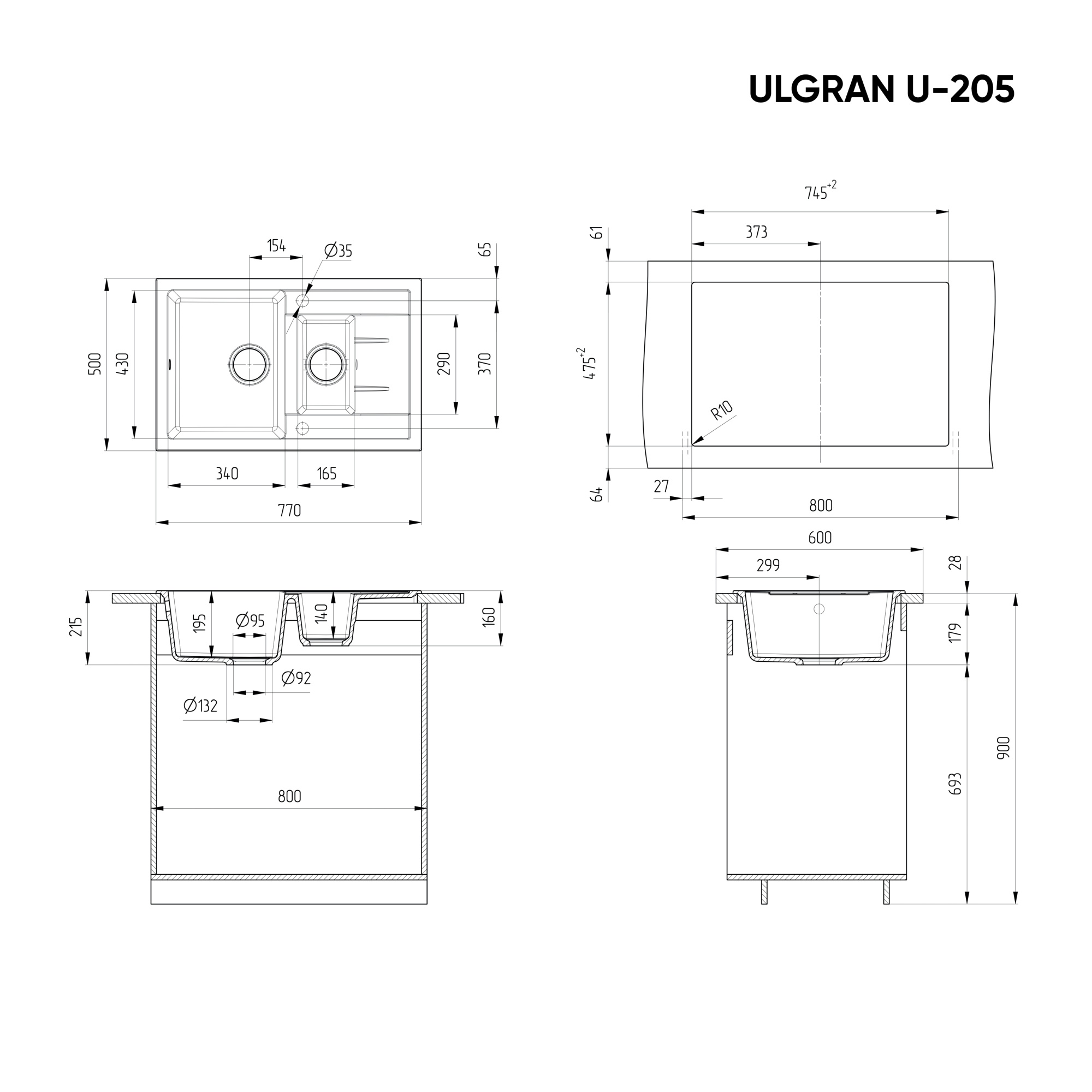 Кухонная мойка ULGRAN U-205 двухсекционная реверсивная