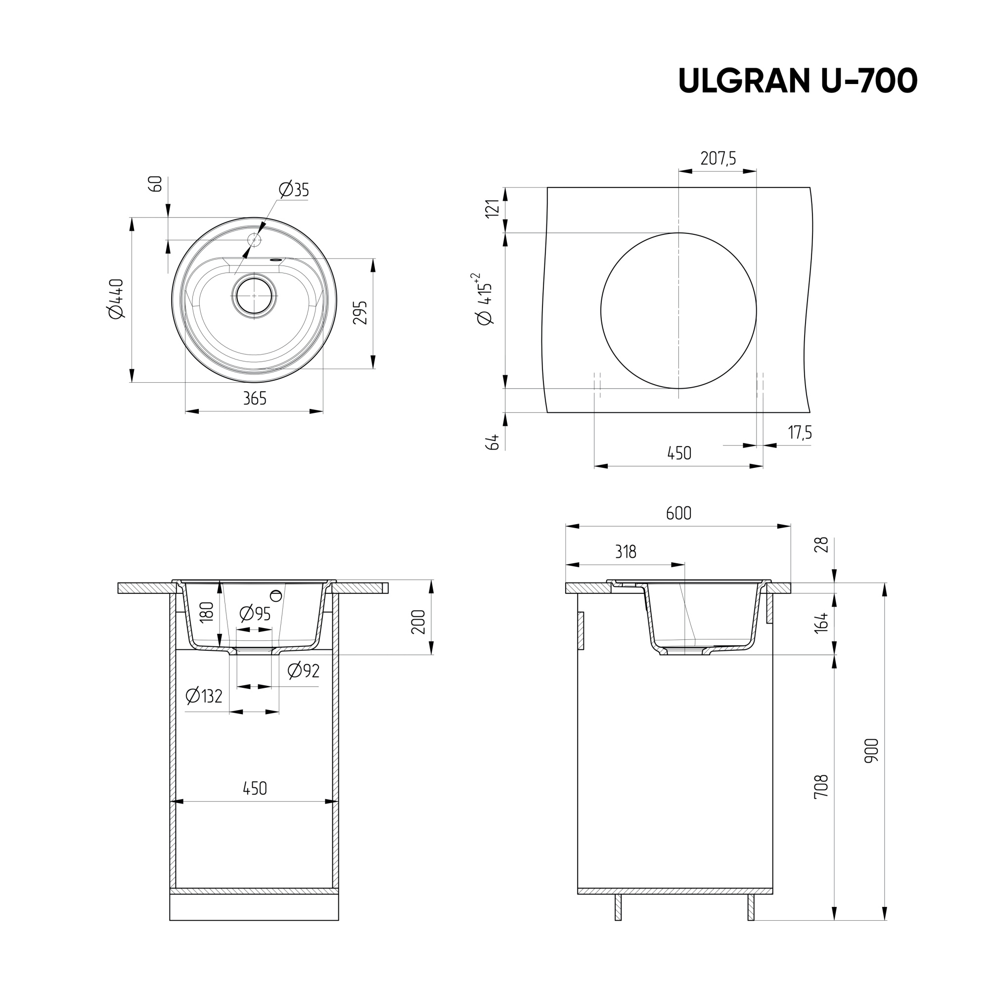Кухонная мойка ULGRAN U-700 круглая с отверстием под смеситель