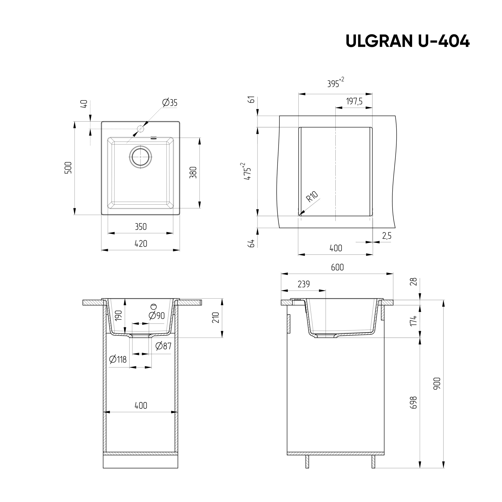 Кухонная мойка ULGRAN U-404 односекционная с отверстием под смеситель