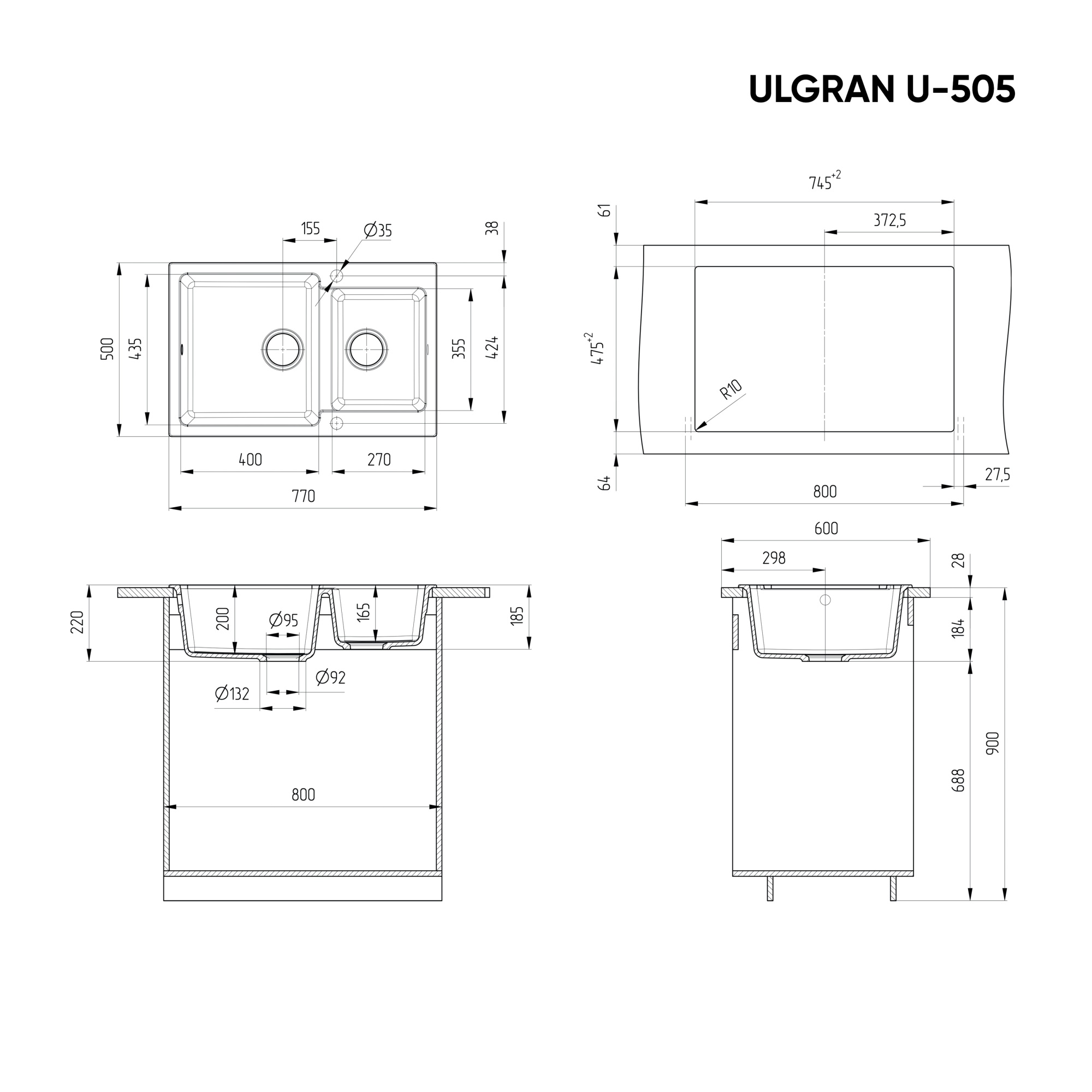 Кухонная мойка ULGRAN U-505 двухсекционная реверсивная