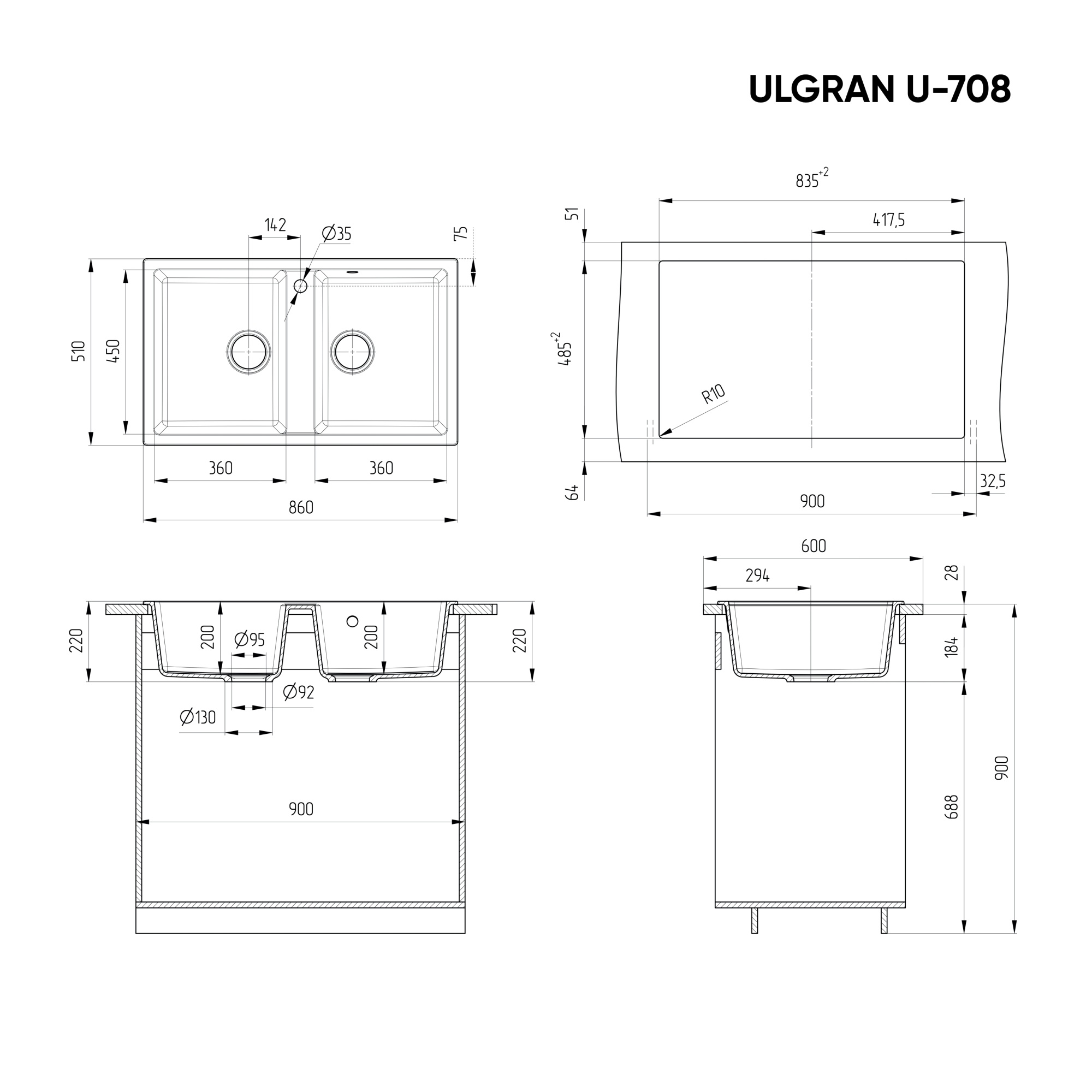 Кухонная мойка ULGRAN U-708 двухсекционная с отверстием под смеситель